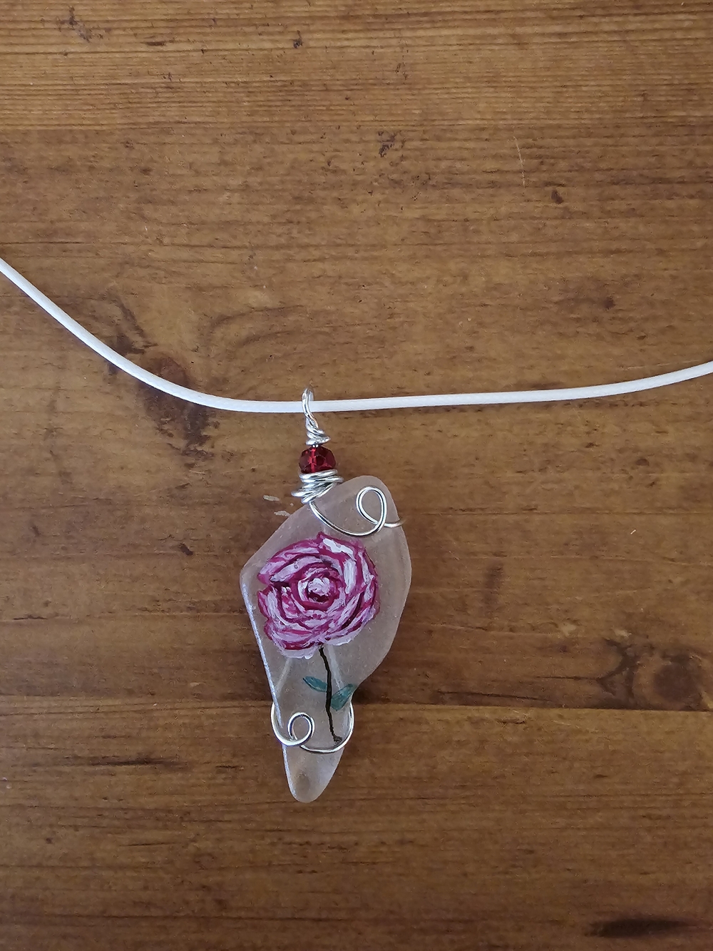 Pink Hand-Painted Rose Painted Sea Glass Pendant Necklace - Women on white cord